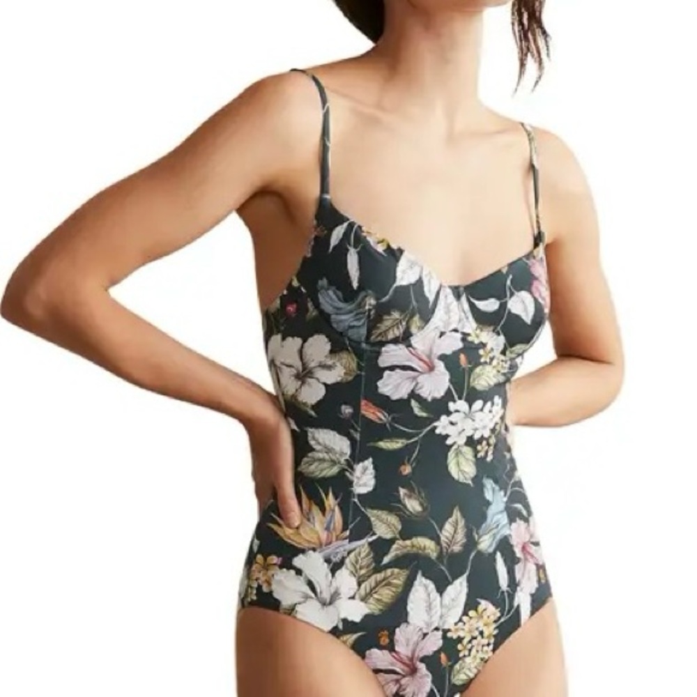 Onia Chelsea Underwire One-Piece Swimsuit | Dark Green Floral Print | Size XS |